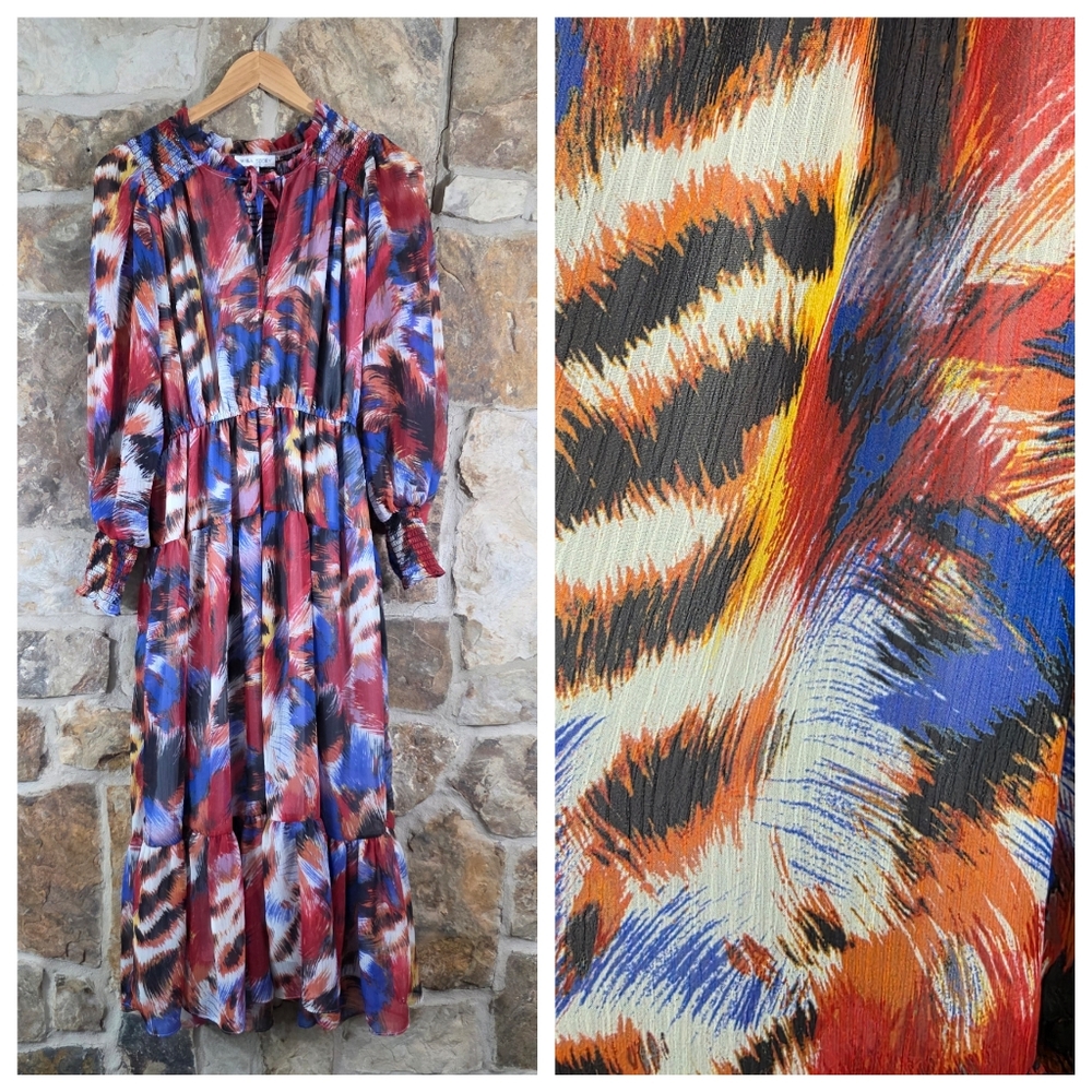 Willa Story Midi Maxi Abstract Brushstroke Smocked Tunic Dress